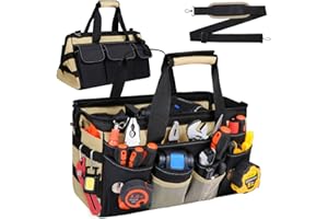 SIYNPAV 15 Inch Heavy Duty Tool Tote Bag with 24 Pockets, Wide Open Mouth Tool Box Organizer Case with Shoulder Strap, Portable Electrician Tool Kit Storage Carrying Pouch with Lockable Zipper (Khaki)