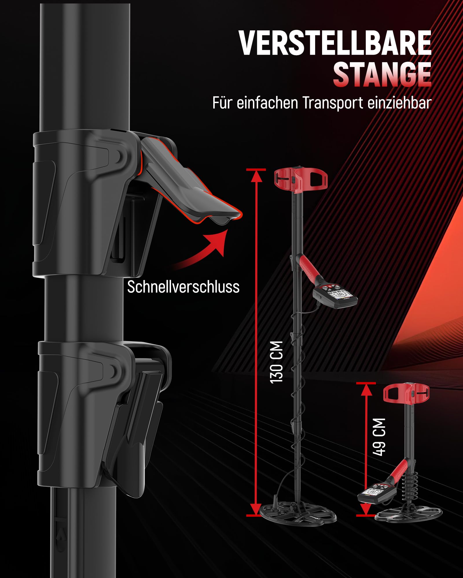 KAIWEETS Metalldetektor Profi, wasserdichte Doppel-D-Spule, 5 Modi Goldsuchgerät mit Upgrade Teleskopstange, Wiederaufladbarer Akku, Pinpointer, Verbesserter Grabungsmesser, Regenabdeckung (Rot) 5