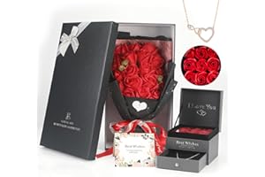 MROUEN Rose Bouquet Rosas Eternas Preserved Rose Bouquet 18 Flower Bouquet with Beautiful Love Necklace, Unique Gift for Birthday, Valentine's Day, Mother's Day, Thanksgiving, Christmas, Anniversary(Red)