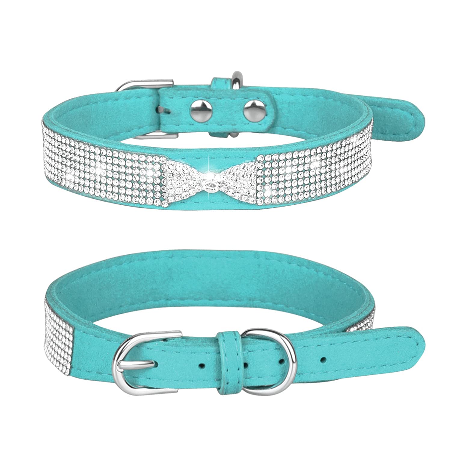 Haoyueer Rhinestone Dog Collar, Cute Dazzling Sparkling Soft Suede Leather Dog Cat Rhinestone Collar Crystal Diamond Pet Dog Puppy Collar (M, Blue-3)