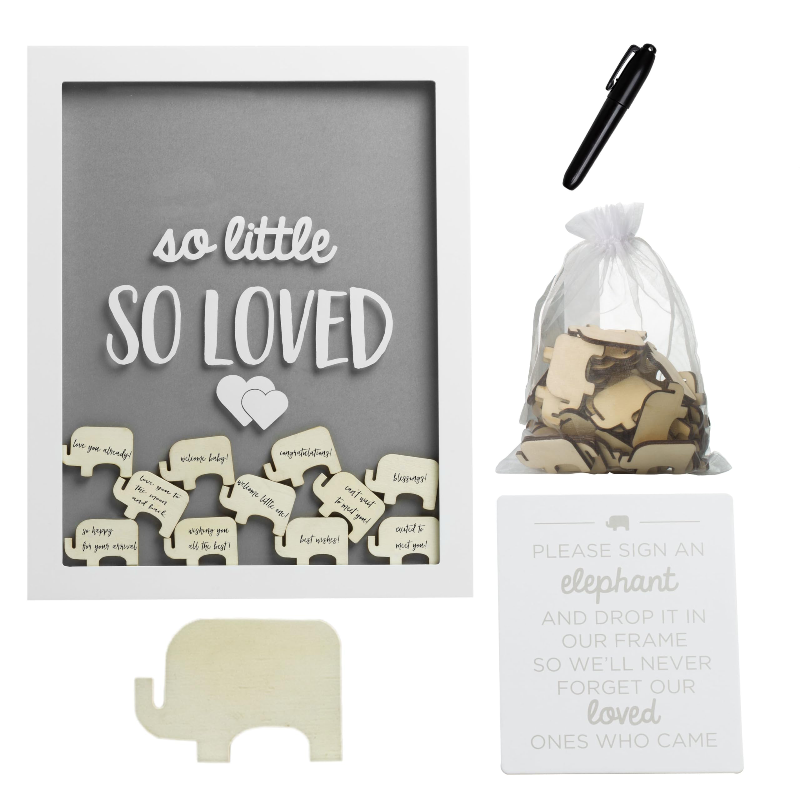 Photo 1 of Pearhead So tle So Loved Wooden Elephant Token Frame, Little Wishes Signature Baby Shower Guestbook Alternative, Gender-Neutral Pregnancy Keepsake With 65 Signature Tokens and Pen, Gray and White
