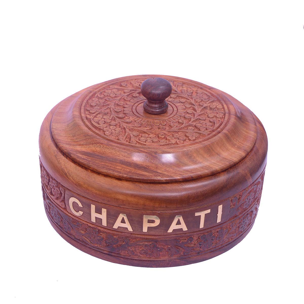 Garden Of Arts Wooden handmade Carving 7*7 Inches Chapati Box Round shape with inner of Stainless Steel