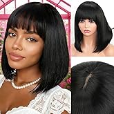 YYAD Bob Wig with Bangs Human Hair 200 Density Short Glueless Wigs Ready to Go Straight Bob Bangs Wig for Women Natural Black 12 Inches