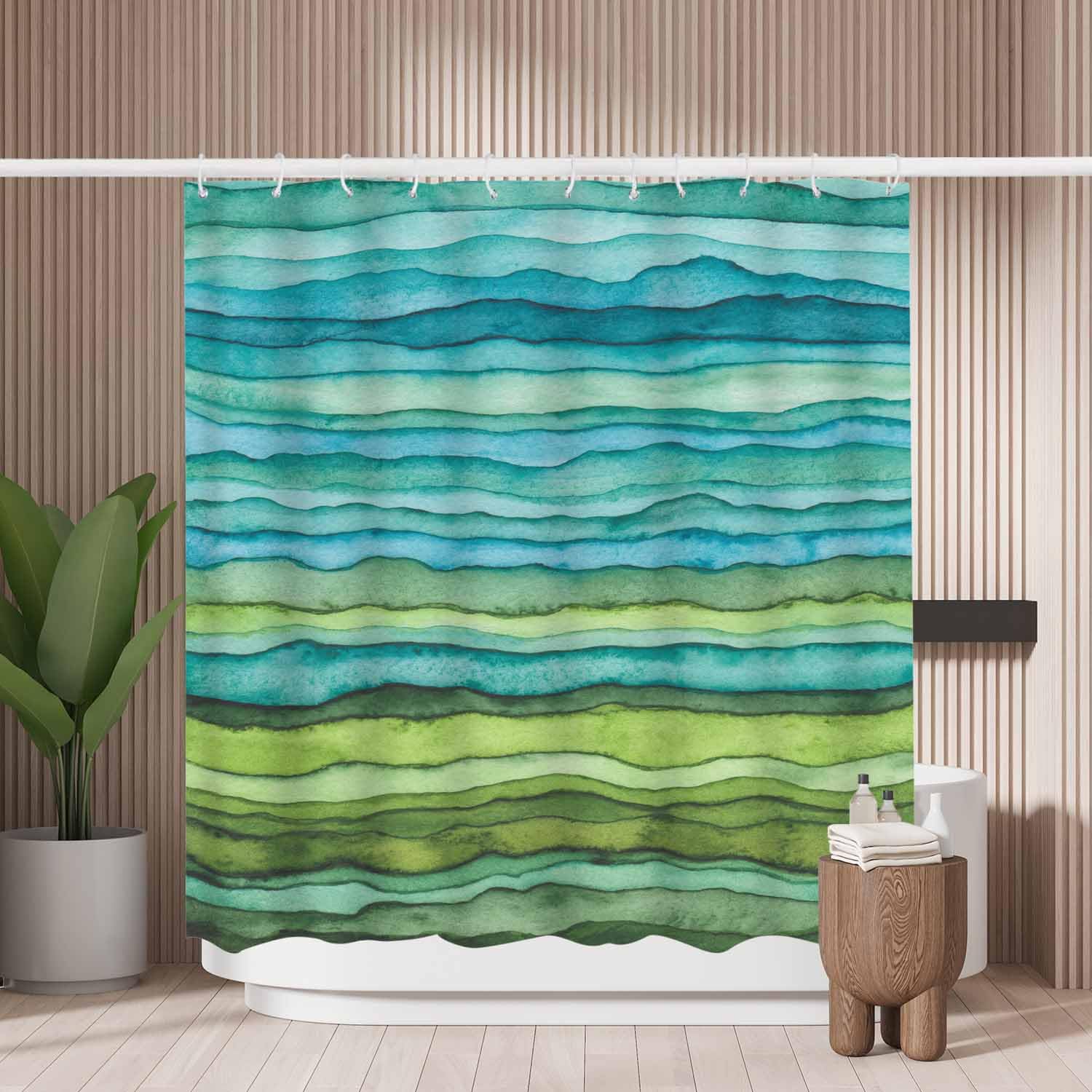 Woutay Shower Curtain Mould Proof Resistant Green Watercolor Painting,Water Repellant Fabric,Polyester,Size 180x180CM