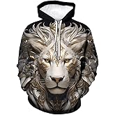 Srcnhim Men's Retro 3D White Lion Graphic Hoodies Wild Lion Hooded Sweatshirts Hoodie