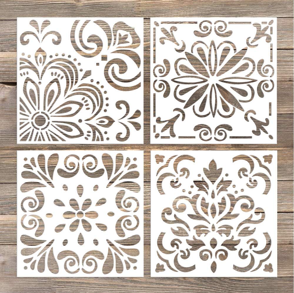 GSS Designs Pack of 4 Stencils Set (6x6 Inch) Laser Cut Painting Stencil Floor Wall Tile Fabric Wood Stencils -Reusable Template (SL-006)