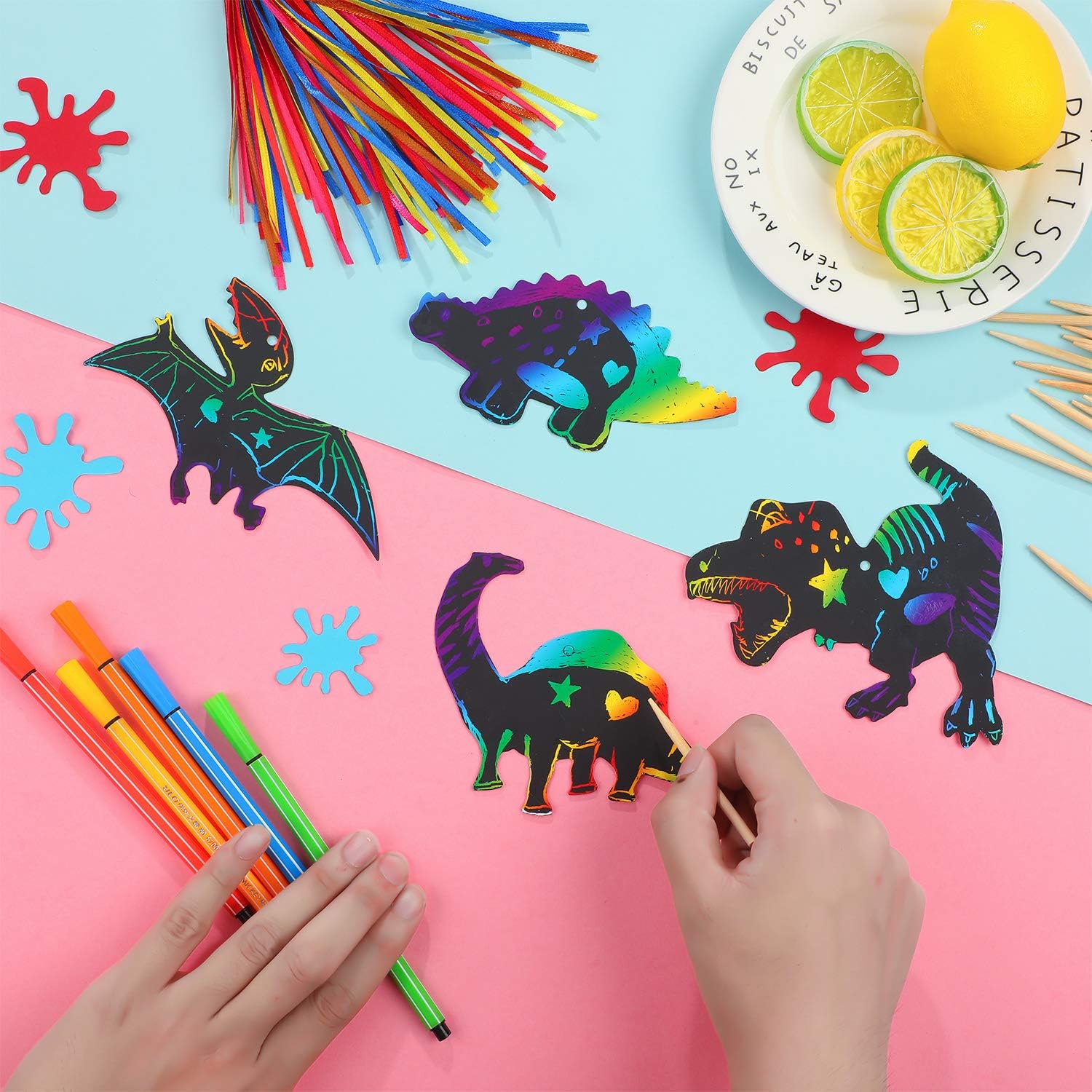 Outus 48 Pieces Scratch Dinosaur Paper Rainbow Scratch Paper Dinosaur Craft Art Kits with 24 Pieces Wooden Styluses and 48 Pieces Ribbons for Dinosaur Birthday Party Game Supplies - Image 5