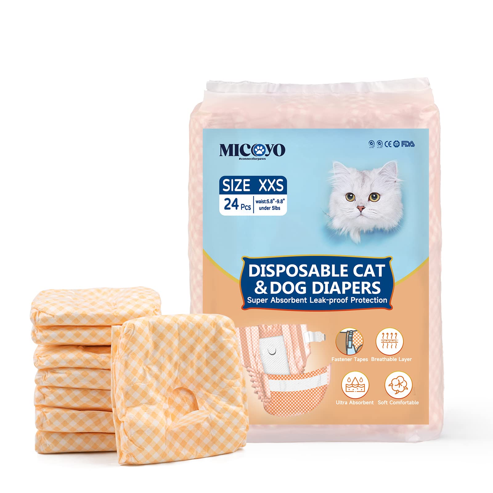 MICOOYO Puppy Cat Nappies Disposable, Super Absorbent Cat Diapers, Small Dog Nappies Female, Adjustable Waist, Leak-Proof Diapers for Cats in Heat, Incontinence,24 Pcs (Orange, XXS)