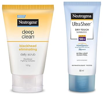 Neutrogena Deep Clean Blackhead Eliminating Daily Scrub, 100g and Neutrogena Ultra Sheer Dry Touch Sunblock, SPF 50+, 88ml