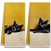 BJJRMM Black Cat Kitchen Dish Towels, Cat Lover Mom Lady Gifts, Mustard Yellow Moody Kitty Kitten Decorative Hand Tea Towels for Bathroom Kitchen, 16x24 Inches Set of 2