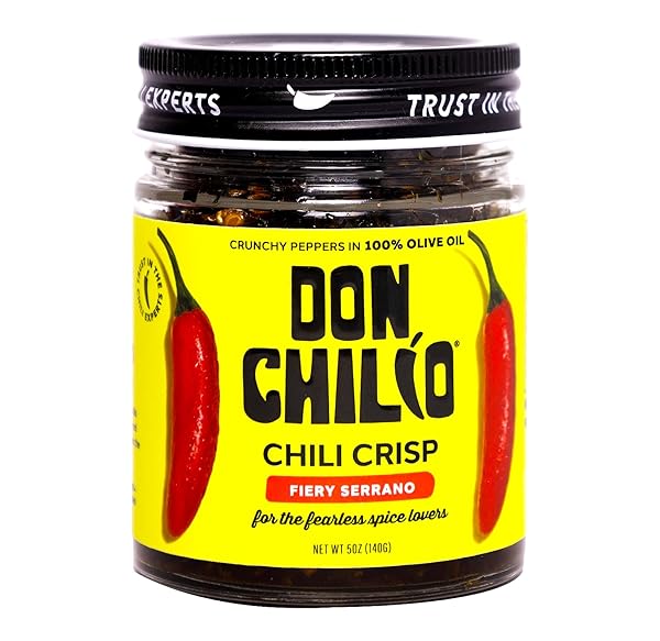 DON CHILIO MEDIUM HEAT SERRANO MEXICAN CHILE CRISP, 5 OZ. – CRUNCHY SLICED SERRANO FRIED CHILI PEPPERS IN HOT SEASONED 100% OLIVE OIL – KETO-FRIENDLY, VEGAN, GLUTEN FREE