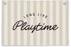 ETVISO Long Live Playtime Beige Striped Kids Room Decor - Linen Banner Wall Hanging Canvas Banner Flag Decor for Kids Toddler Bedroom Nursery Playroom