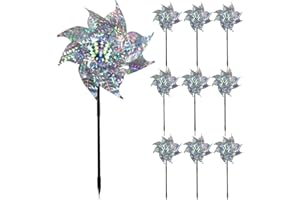 ASTIMESA 10 Pack Bird Scare Reflective Pinwheels for Yard and Garden with Stakes, Sparkly Windmill, Silver Wind Spinners Outd