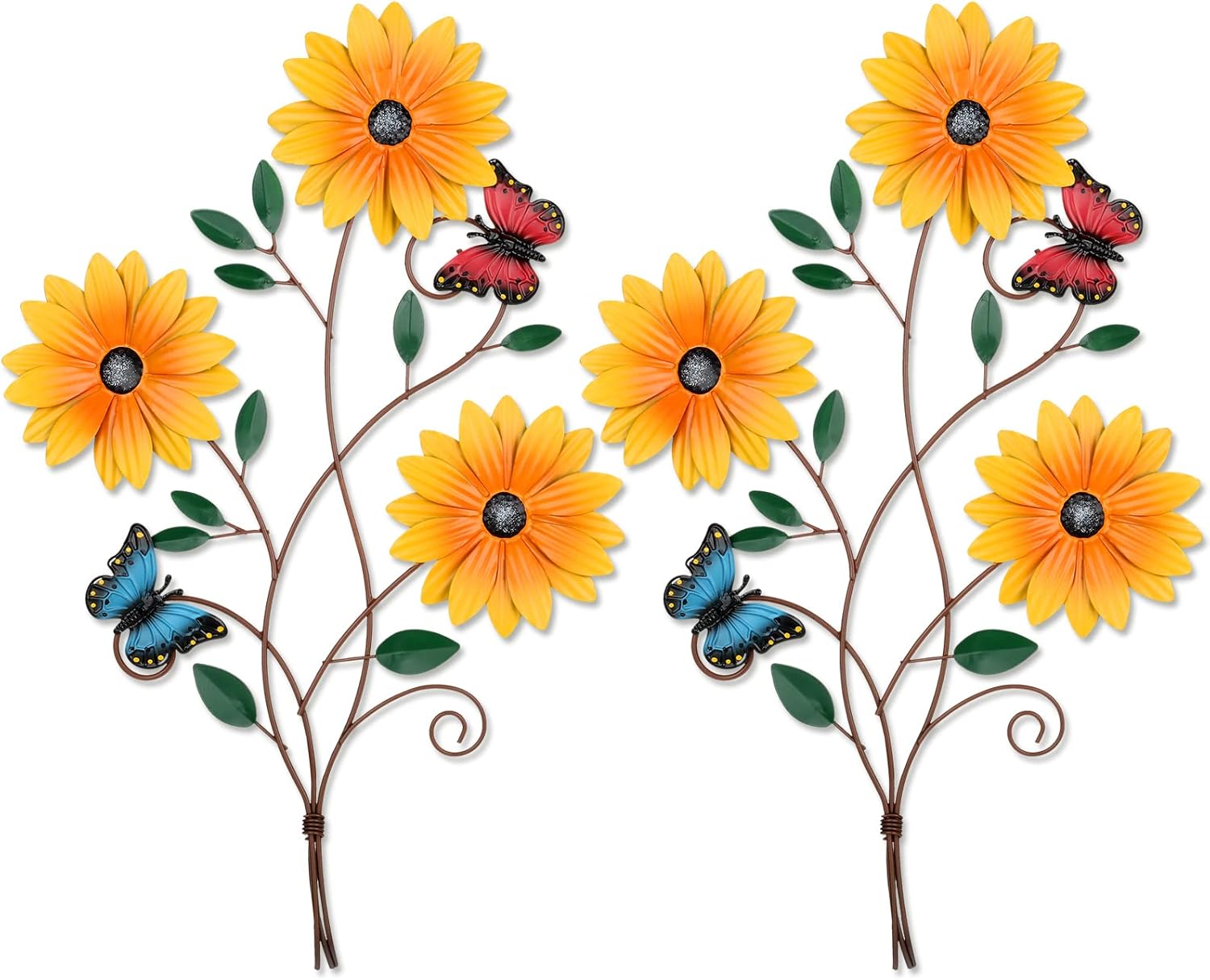 Plaques & Wall Art - Metal Sunflower Decor Outdoor Yellow Flower Wall Decor Rustic Wall Flower for Patio Metal Butterfly Sunflower Wall Art Vintage Hanging Metal Flower for Home Kitchen Indoor Outdoor, 15x9 Inch (2 Pcs)