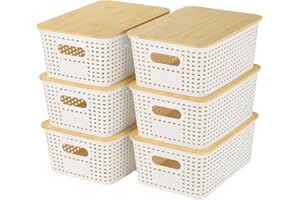 6 pcs Storage Bins with Bamboo Lids - Plastic Storage Containers with Lids Stackable Storage Box Storage Baskets for Organizi