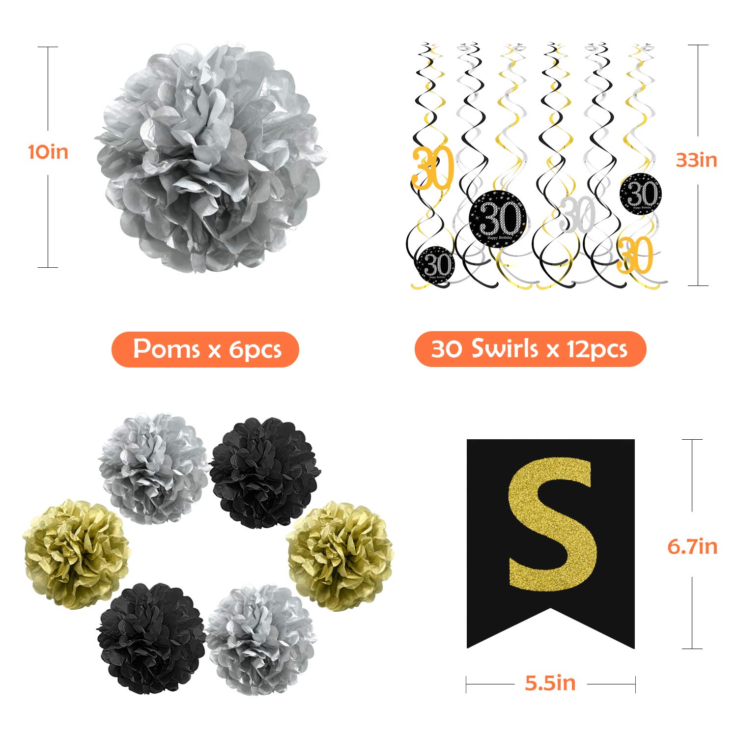 ZukoCert 30th Birthday Decorations Kit Gold Glittery Cheers to 30 Years Banner,6 Pcs Paper Pom Poms,20 Pcs Balloons,12 Pcs Sparkling Hanging Swirl Celebrate for 30th Anniversary Decorations Party Supplies