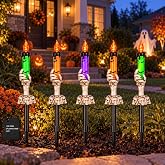 Halloween Decorations Outdoor Skeleton Hand Pathway Lights, 5 Pack Battery Operated LED Candle Stake Lights with Auto Timer & Flashing Mode, Skull Garden Markers for Yard Walkway Graveyard Party Decor
