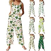 St Patricks Day Overalls for Women Irish Shamrock Print Wide Leg Overall Summer Loose Fit Saint Patrick Jumpsuits Outfit