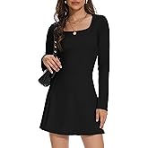H Hellisal Womens Long Sleeve Square Neck Mini Dress Basic Bodycon Athletic Casual Going Out Club Party Dress with Shorts