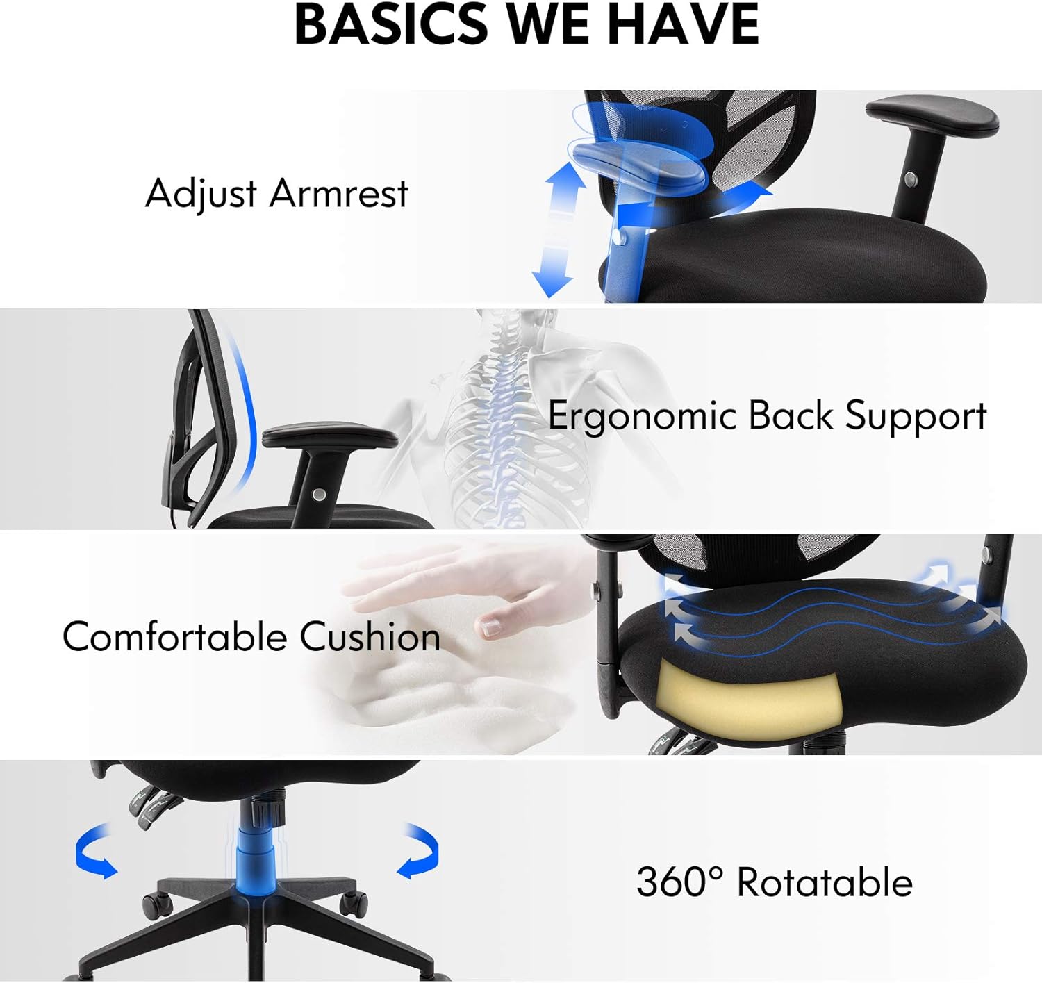 Ergonomic Mesh Office Chair, High Back Computer Desk Chair with 3 Functional Adjustors, Adjustable Back Support&Armrests, Swivel Executive Task Chair for Work, Gaming, Home, Thick Padded (Black): Kitchen & Dining