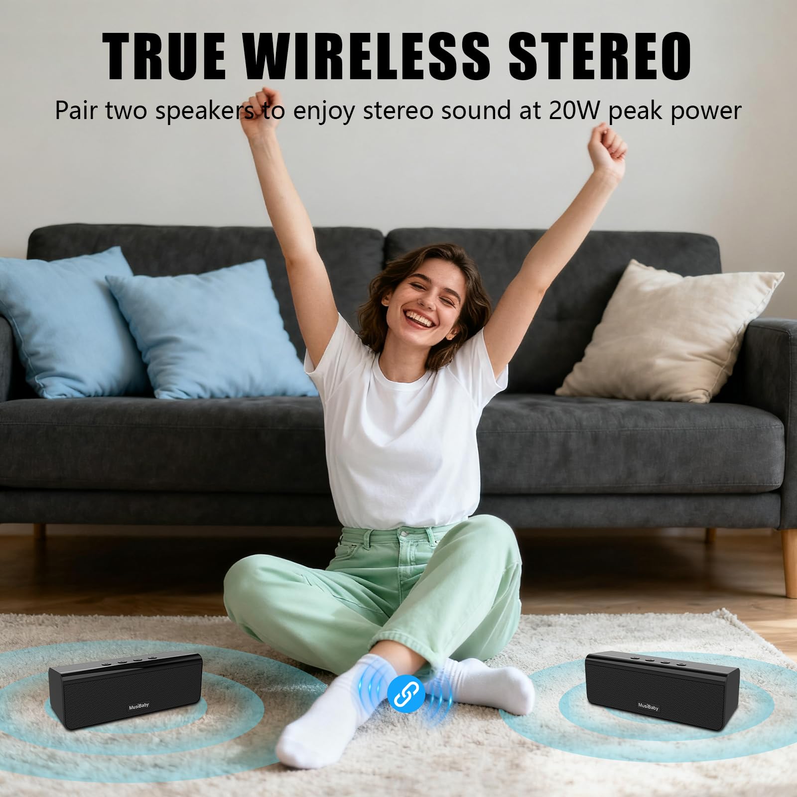 Bluetooth Speaker, MusiBaby M71 Speaker, IPX5 Stereo Sound Waterproof Portable Speakers, Dual Pairing, 24HRs Playtime for Indoor/Outdoor - Black