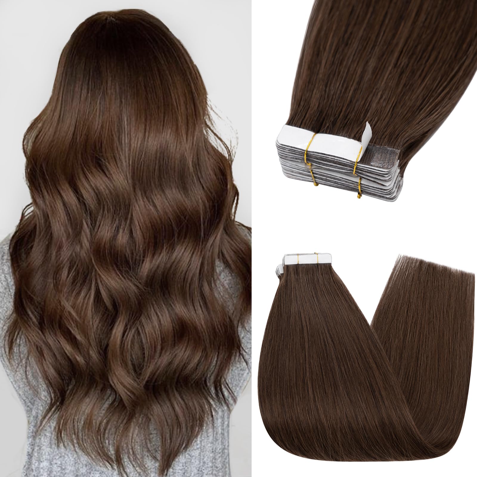 Silk-co Tape in Hair Extension Real Straight Human Hair 10pcs 100% Remy Straight Skin Weft Hair Extension (24inch 10Pcs #04 Medium Brown)