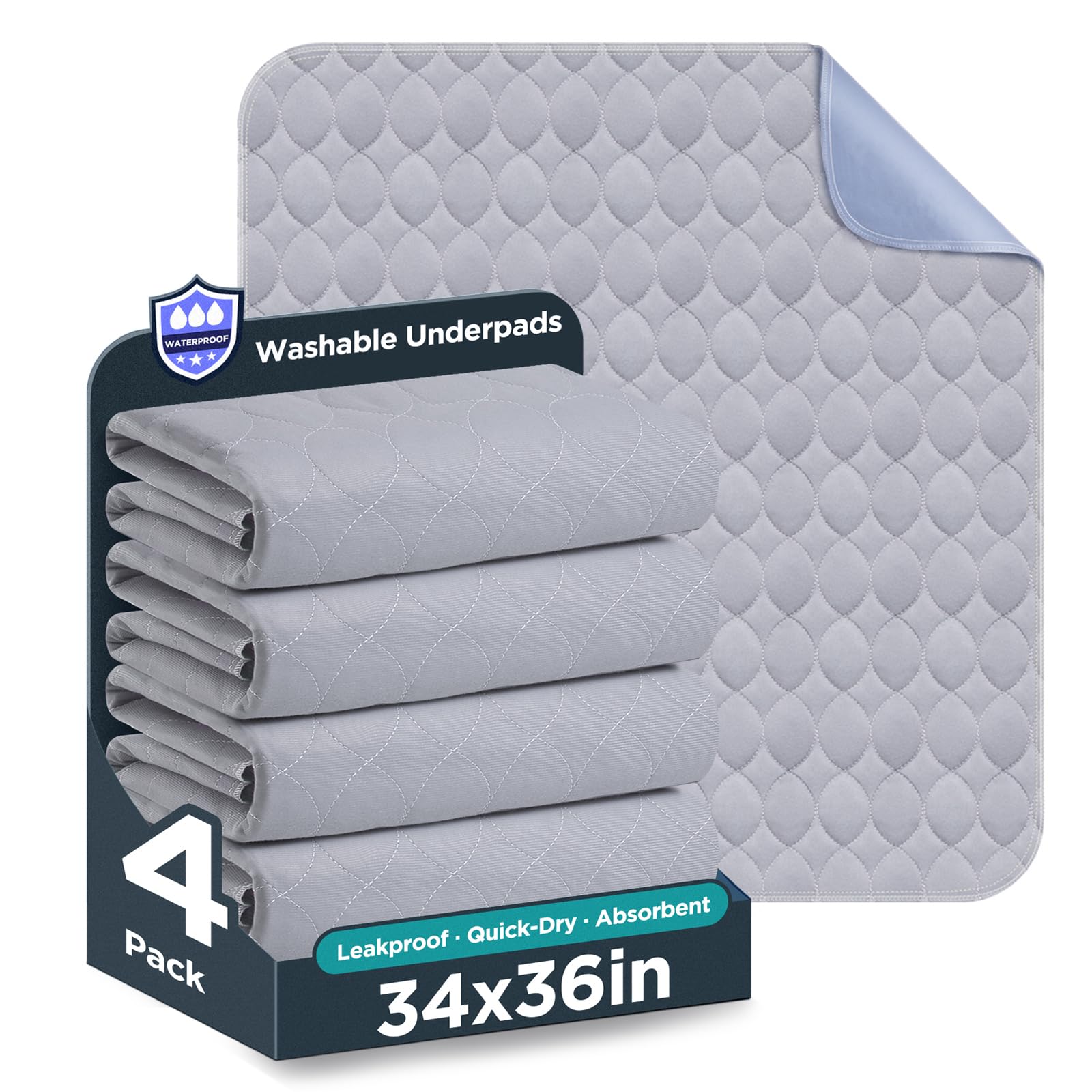Photo 1 of Washable Bed Pads 34" x 36" - 4 Pack, Grey, Waterproof Bed Pads for Incontinence, Bed Wetting Pads for Bed, Sofa, Floor, Resuable Underpads for Adults, Seniors, Pet