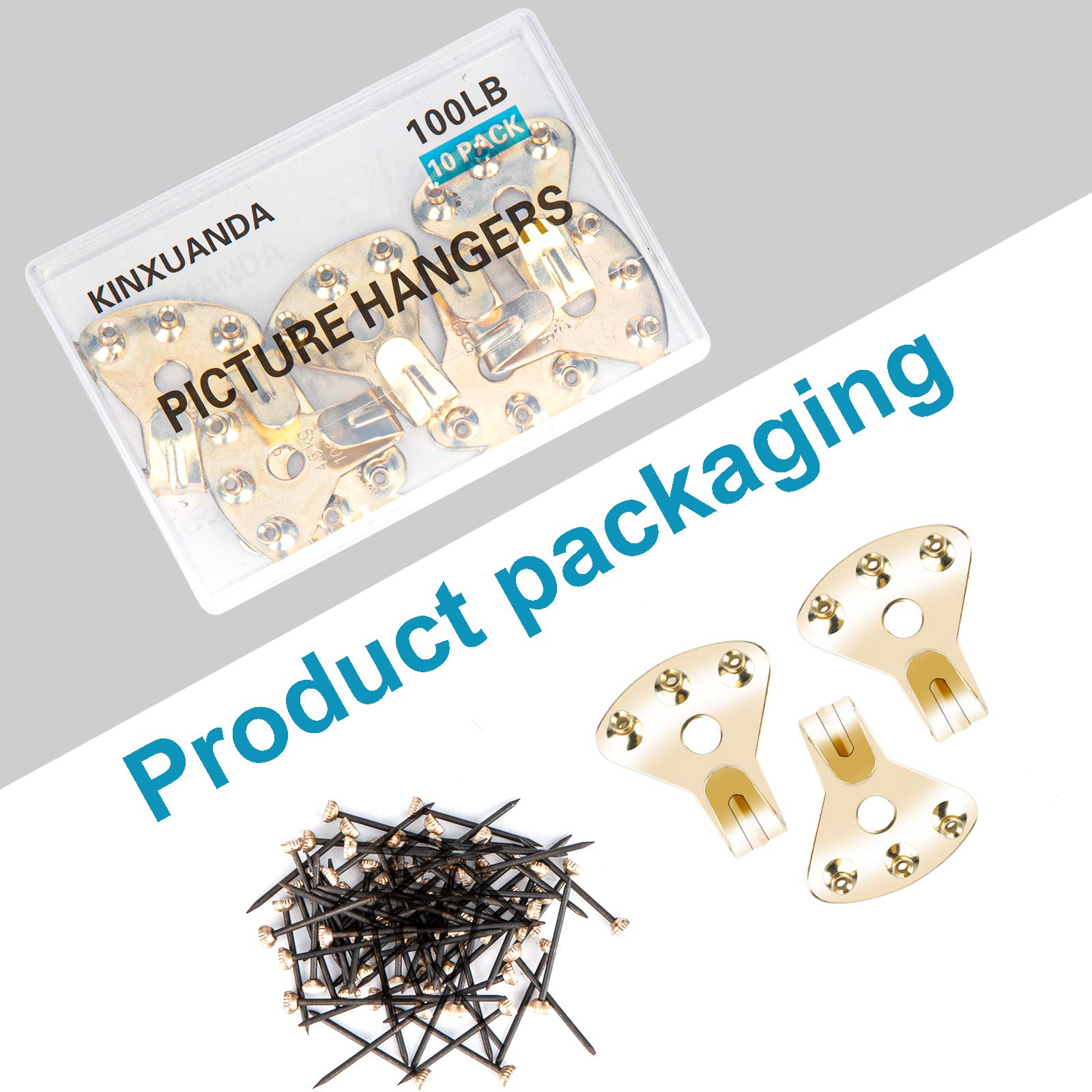 10Pcs Heavy Duty Picture Hangers with Nails, Kinxuanda Professional Picture Hanging Hooks Support up to 100lbs, Premium Hanging Hardware for Clock, Mirror, House Decoration