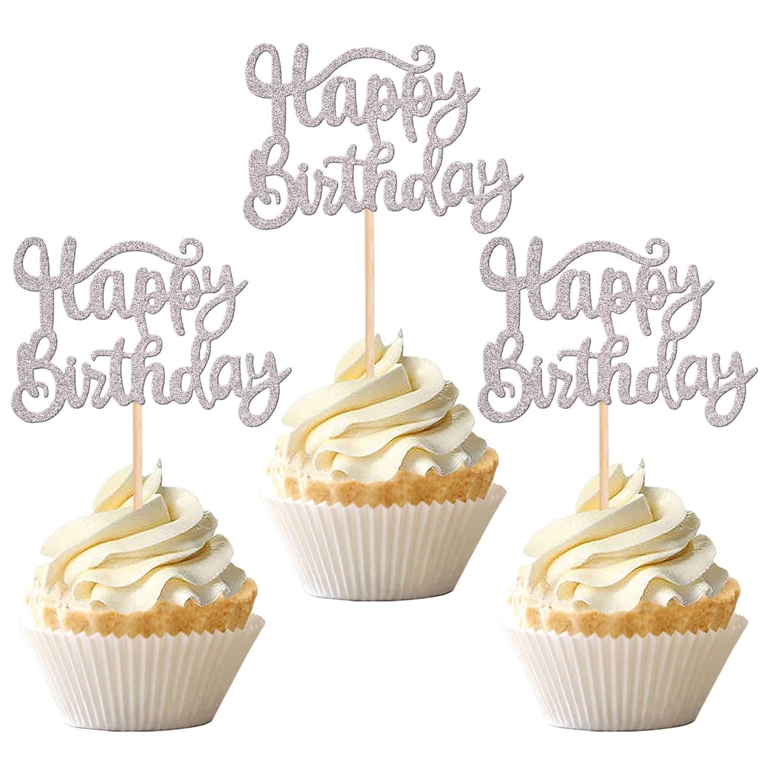 SYKYCTCY 36 Pack Happy Birthday Cupcake Toppers Glitter Celebrating Birthday Cupcake Picks Baby Shower Kids Anniversary Party Cake Decorations Supplies Silver