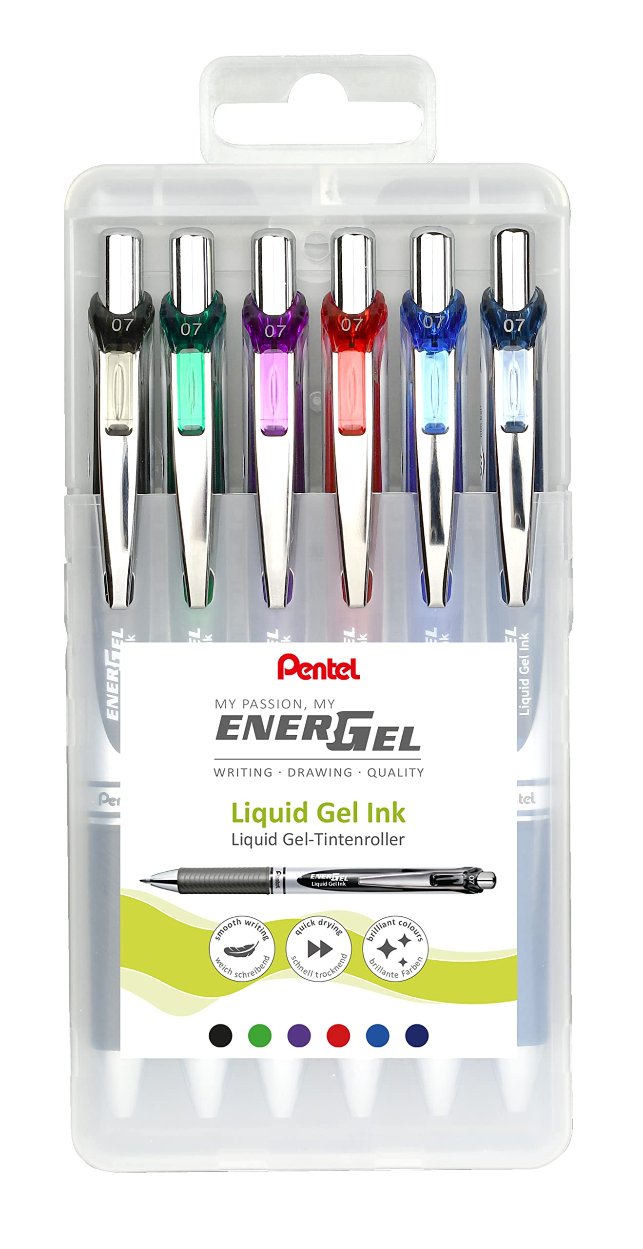 Pentel BL77-6 EnerGel Retractable Gel Ink Rollerball Pen - 0.7mm Ball Diameter = 0.35mm Line Width - Refillable Plastic Box - Pack of 6 - Assorted Colours - 12 Colours