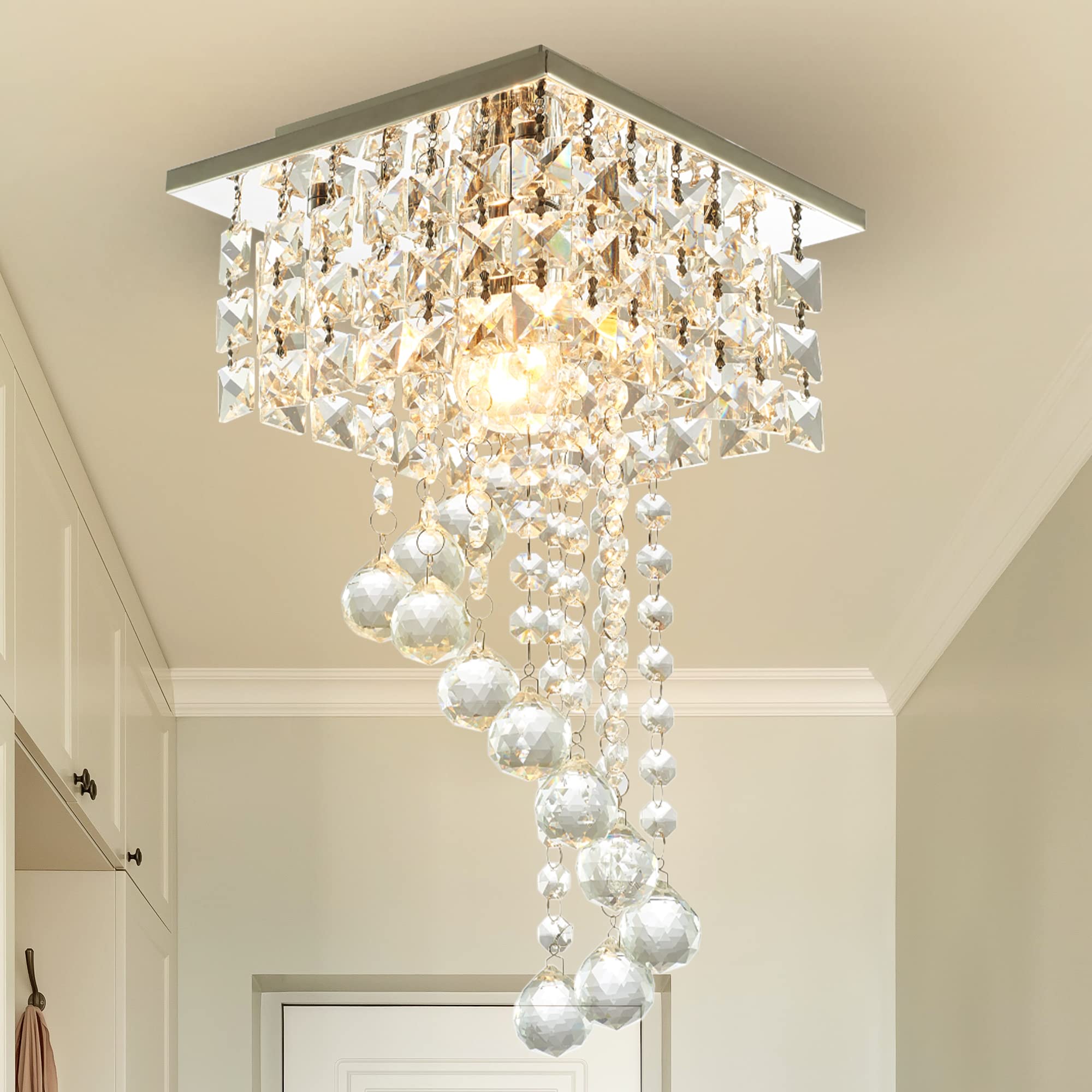 Photo 1 of Mini Crystal Chandelier Flush Mount, 7.9" Square Crystal Flush Mount Ceiling Light, 1-Light E26 Socket, K9 Crystal & Stainless Steel, Small Chandelier for Entryway Hallway Closet Bedroom, Chrome