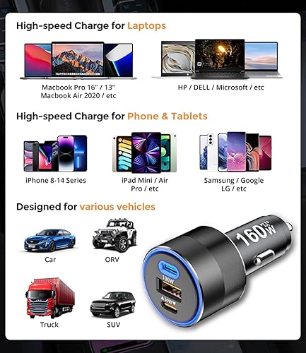160W USB C Car Charger Fast Charging Cigarette Lighter 100W