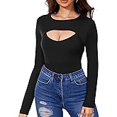 Urvicor Womens Long Sleeve Tops Cut Out Front Ribbed Fitted Sexy Cute Casual Tops Tee Dressy T-Shirts Tshirt