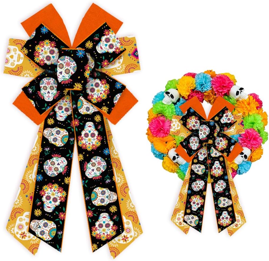 Bows & Ribbons - Threetols Large Halloween Bows for Wreath, Sugar Skull Flower Wreath Bows Mexican Day of The Dead Orange Black Bows for Front Door, Halloween Tree Bows for Mexican Ofrenda Party Supplies