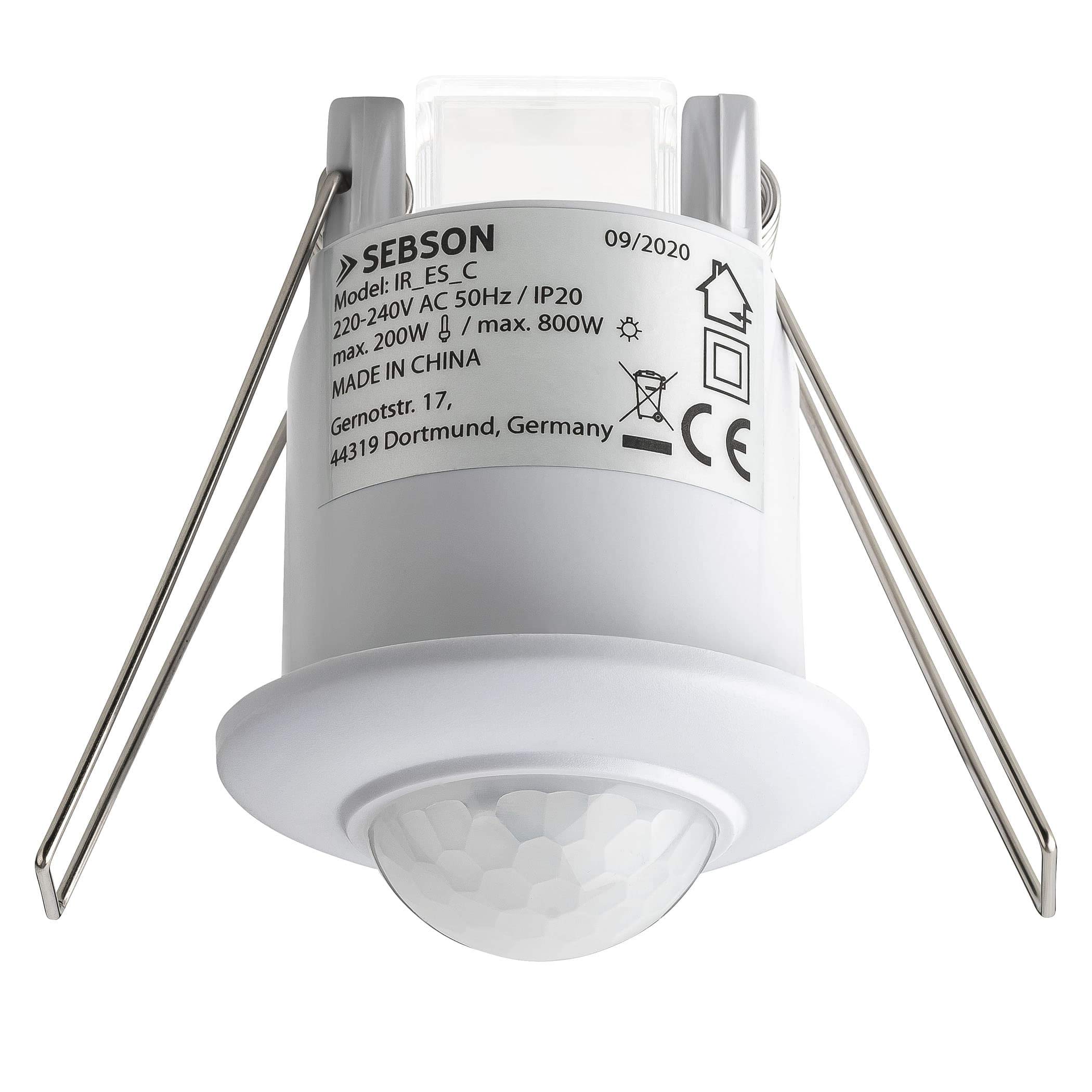 SEBSON 2x PIR Sensor Ceiling Indoor 360°, Flush mounted, Recessed Infrared Motion Detector, LED light suitable, Range max. 6m /360°, max. 800/200W, IP20