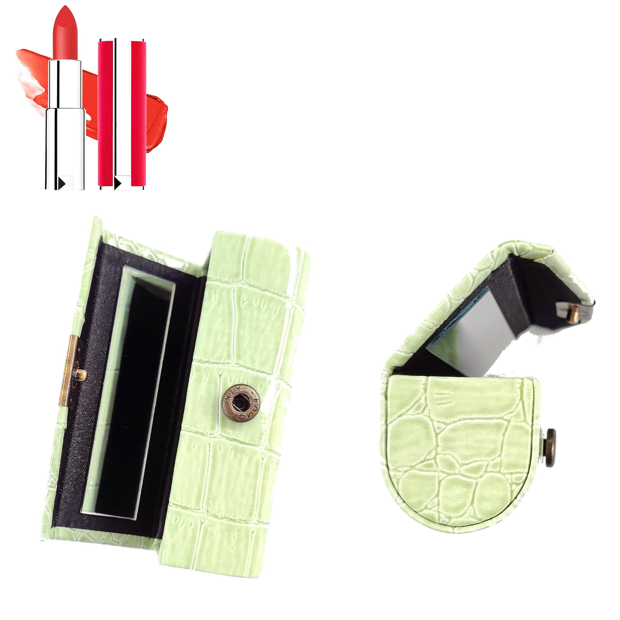 XIAOBUU Leather Lipstick Case Organiser - Durable Waterproof Holder With Button Closure and Makeup Mirror - Cosmetic Storage Box (Light Green)