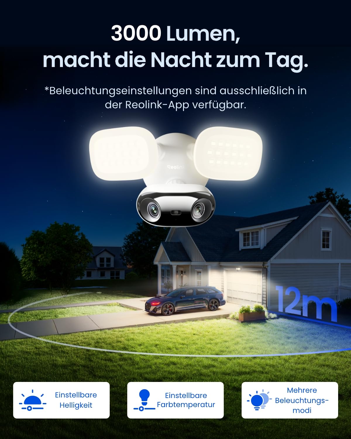 Reolink Elite Floodlight WiFi, 4K Wi-Fi 6 Überwachungskamera Aussen mit 3000 Lumen Flutlicht, Dimmbares Licht(3000K~6500K), WLAN Kamera Outdoor, Lokale KI-Videosuche, 180° Panoramablick, KI-Erkennung 4
