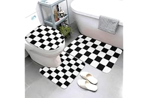 Jbofyee Black White Checkered 3 Piece Bathroom Rugs Set, Bath Mat + Contour Mat + Toilet Seat Cover, Non-Slip Soft Microfiber Checkerboard Bathmat for Tub Shower Room Decor, Machine Washable