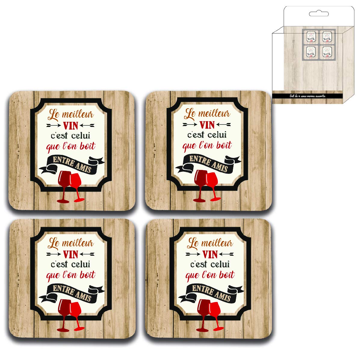 Vino de Francia Lot 12 Set 4 Coasters Vin Entre Amis, 10 x 10 cm