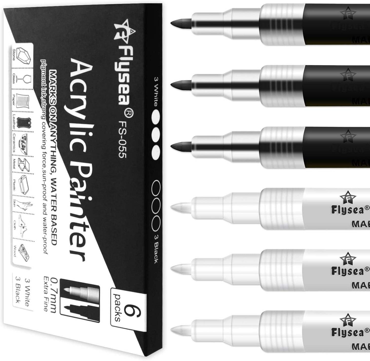 Acrylic Paint Pen White Black, 6 Pack Black Paint Markers