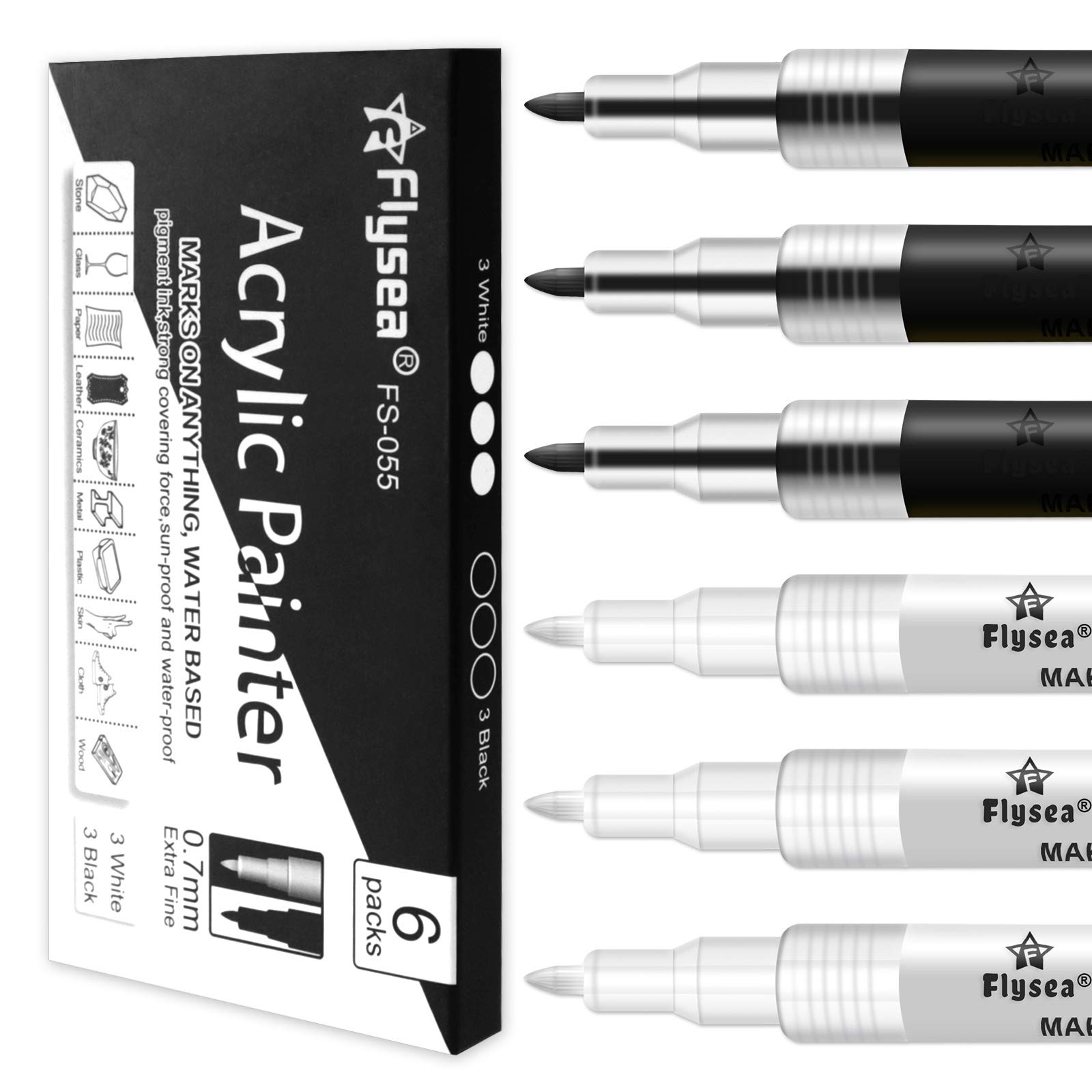Photo 1 of EBOT Acrylic Paint Pen White Black, 6 Pack Black Paint Markers for Rock Wood Fabric Plastic Leather Glass Stone Metal Canvas,Water-Based Acrylic Paint Sets