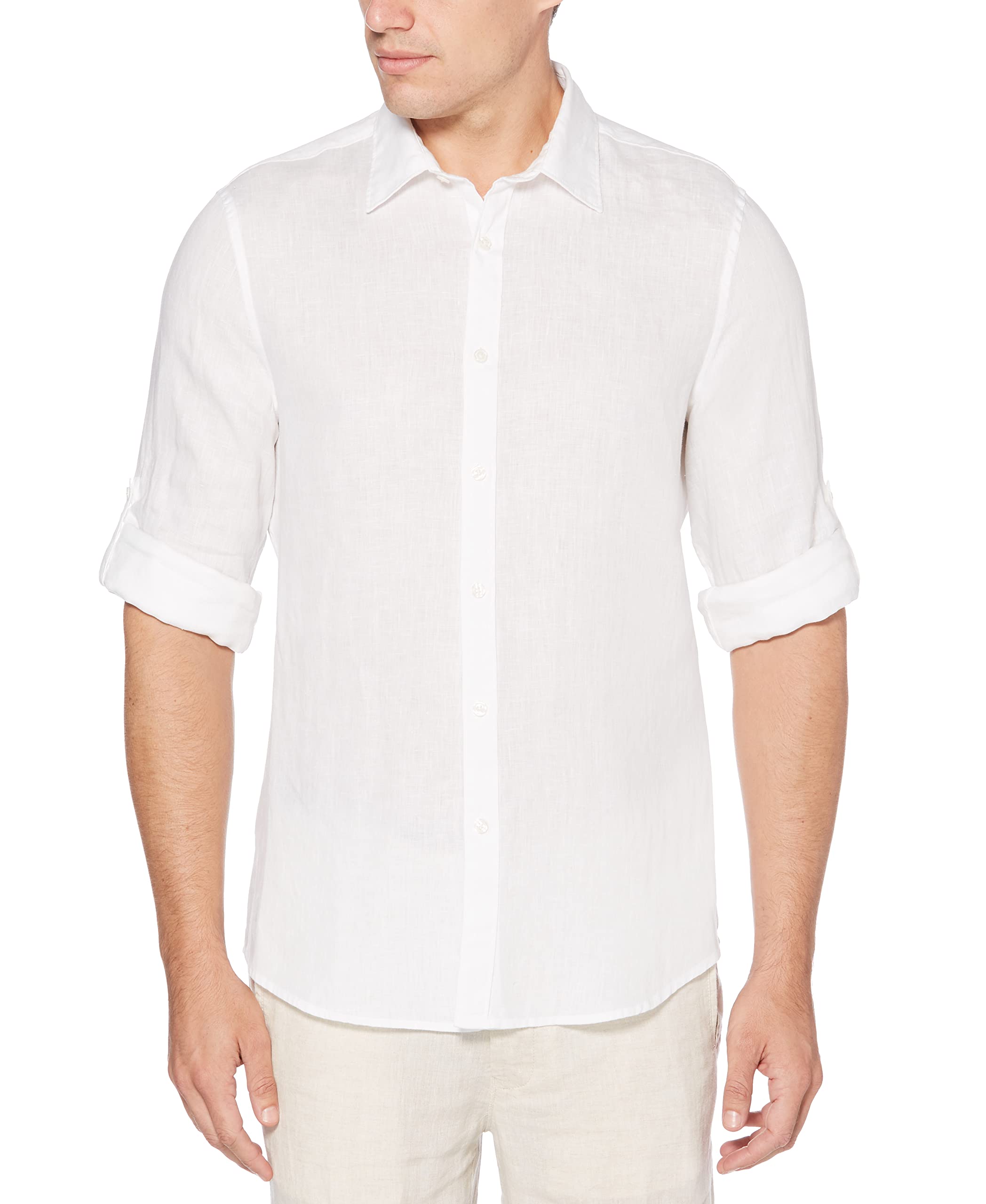 Perry Ellis Men’s Long Sleeve Solid Linen Button-up Chambray Shirt, Bright White/White, X-Small