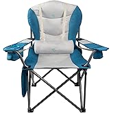 Double Padded Oversized Folding Camping Chair, Folding Beach Chair for Adults with Lumbar Support & Headrest, Camping Chair with Armrest, Cooler Bag, Side Pocket, Cup Holder, Blue&White