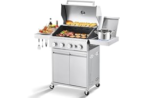 MELLCOM Stainless Steel 4 Burner BBQ Propane Gas Grill with Cast Iron Grates & Side Stove, Stainless Steel 44000 BTU Burner Barbecue Grill for Patio,Camping, Outdoor Cooking
