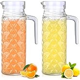 Gejoy 2 Pcs 40 oz Glass Pitchers with Lids and Handle for Fridge | Glass Water Jug for Water Orange Juice Iced Tea, Clear Thick Glass Juice Containers for Home, Party