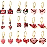 QLUYCKW 6-9 Pairs Heart Huggie Hoop Earrings Set for Women Dainty Fashion Red Rose Flower Crystal Hearts Hoop Earrings Valentines Day Wedding Party Jewelry
