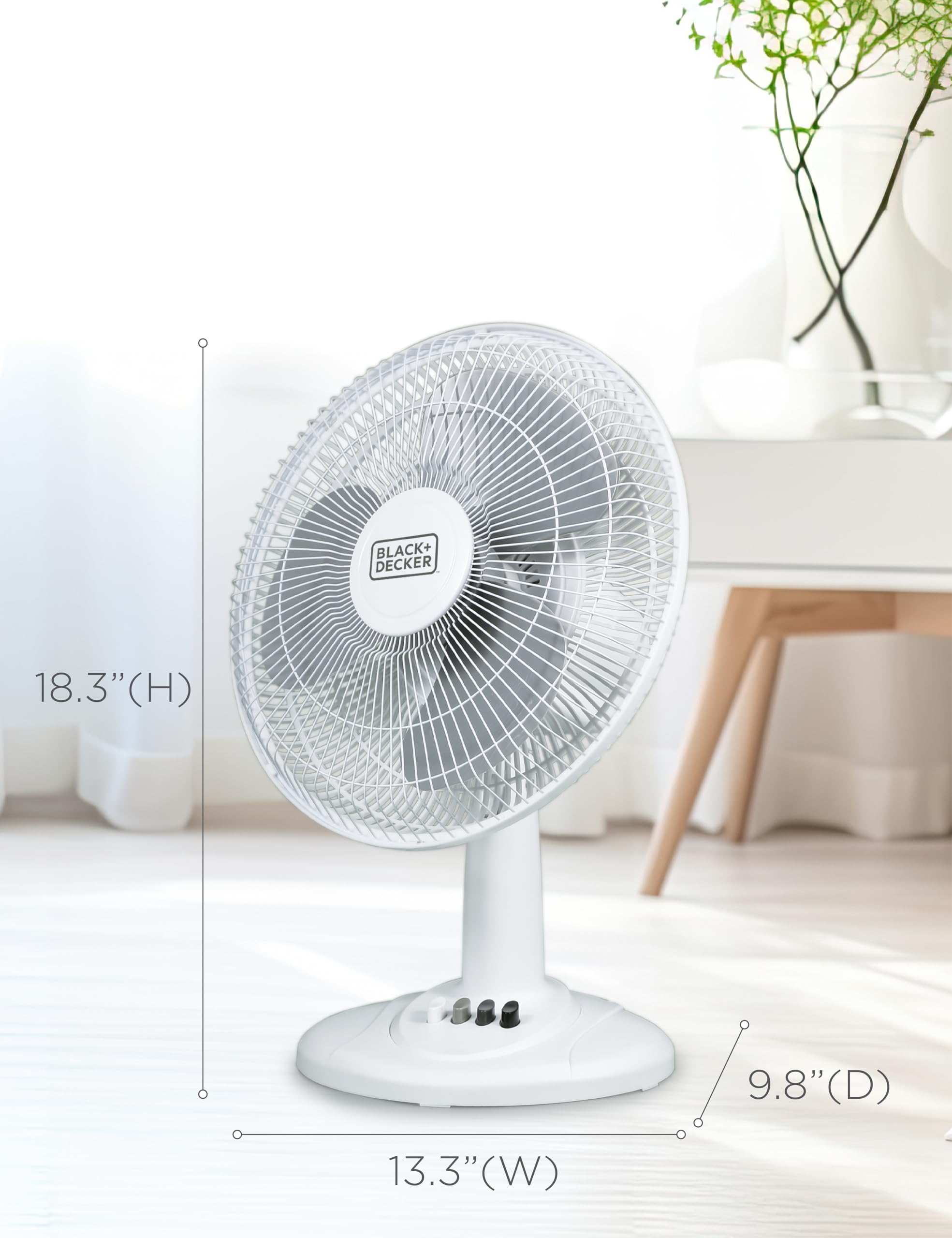 BLACK+DECKER Desk Fan for Home and Office, 12” Fan with 3 Speed Settings, Oscillating Portable Fan for Office Desk, Table Top and Kitchen Table with Adjustable Tilt, White