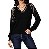 winkbay Women's Elegant Lace Long Sleeve Tops Fall V Neck Dressy Casual Work Office Blouses