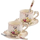 Foraineam Set of 2 Tea Cup and Saucer, 8 oz. Flowering Shrubs Ivory Ceramic Coffee Cup Fancy Floral Porcelain Tea Cup Set with Saucer and Spoon