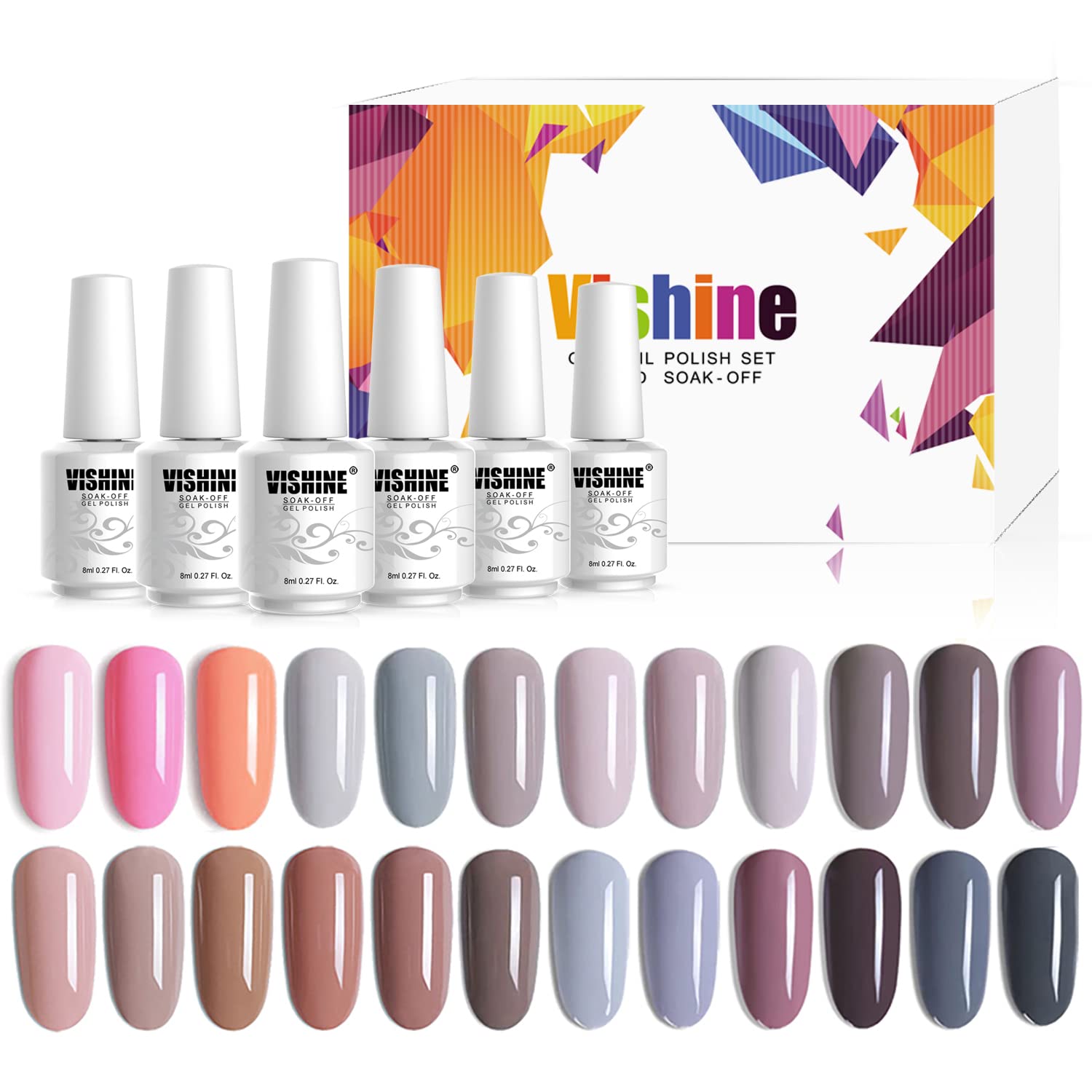 Vishine 24 Colors Gift Set Gel Nail Polish Kit - Soak Off UV LED Nail Gel Nude Grey Pink GelPolishes Nail Art 8 ML/PC Pack of 24 Pretty Colors Series Kit